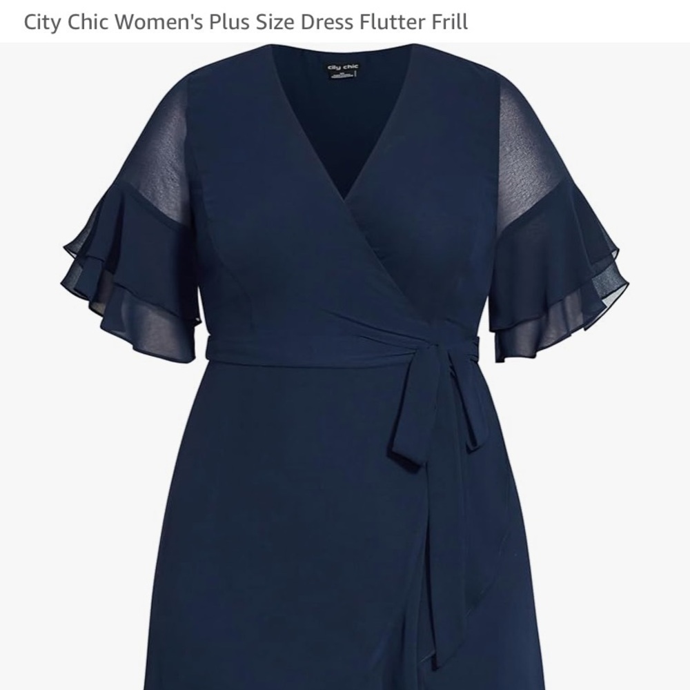 City Chic | Blue Flutter Frill Mini Tie Waist Faux Wrap Dress Size XXL/24 - Picture 3 of 11